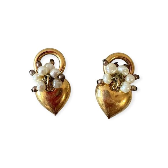 Vintage 80s Gold‎ tone Heart and Faux sead pearl charms, pendant.  A pair - Picture 1 of 10